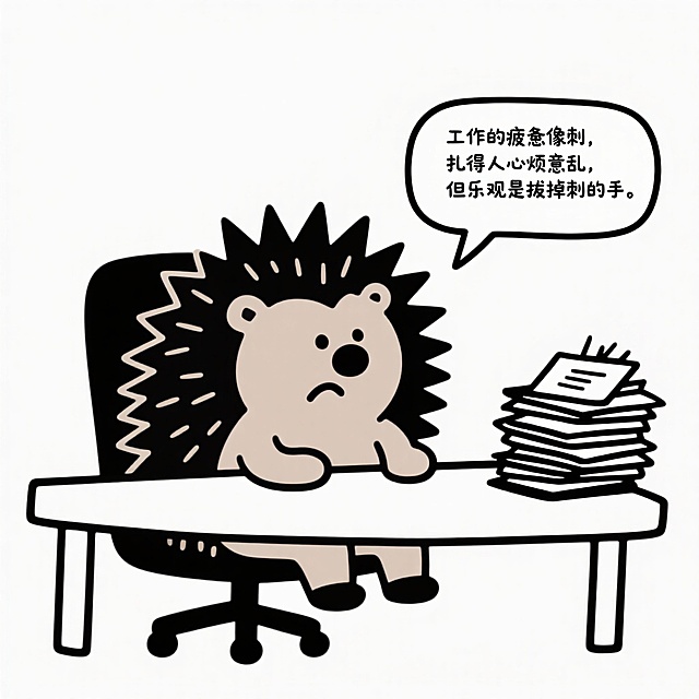 卡通感插画风，拟人刺猬办公，幽默表达工作压力与乐观态度。