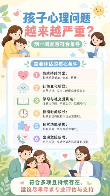 儿童心理健康科普宣传图，风格温馨治愈，明亮柔和配色，画面上方文字“孩子心理问题越来越严重？测一测是否符合条件”，内容展示需要评估的核心条件，整体干净简洁，积极正向，无违规内容预览效果