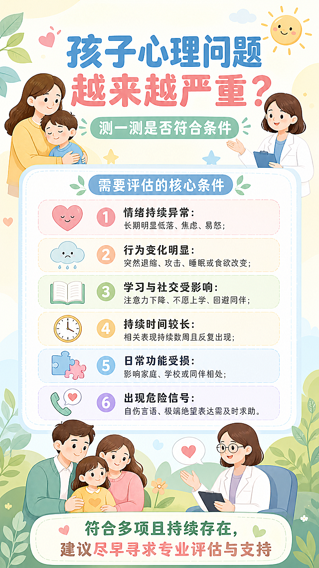 儿童心理健康科普宣传图，风格温馨治愈，明亮柔和配色，画面上方文字“孩子心理问题越来越严重？测一测是否符合条件”，内容展示需要评估的核心条件，整体干净简洁，积极正向，无违规内容