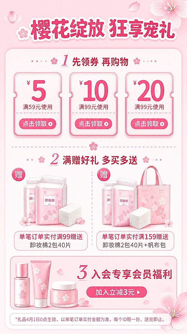 [商品] 使用【图2】优惠券+满赠福利版式结构；保留三档优惠券卡片布局、满赠两栏布局、底部入会福利布局；产品图标（卸妆棉、帆布包、护肤品小样）重新绘制为樱花粉风格，配色统一为粉色系。
[画面] 目标：福利优惠信息聚合页，引导领券下单。构图：顶部标题区，上半部分三列优惠券并排，中间分隔线，下半部分左右两栏满赠礼品展示，底部入会福利横条；整体信息密度高，卡片式布局；背景浅粉色，点缀小樱花图标装饰。
[视觉] 套系策略：风格=浪漫樱花少女风电商海报；标题字=圆润粗体可爱字体；正文字=简洁无衬线中文字体；主色=樱花粉#FFB6C1；背景延展=浅粉色渐变底，白色圆角信息卡片，粉色描边；强调色=玫红色#FF69B4，仅用于价格数字、按钮、标签；标题色=深玫红#C71585；正文色=深粉#DB7093；组件=圆角矩形优惠券、虚线边框、樱花图标分隔；光影=平面设计感，轻微卡片投影。
[文字] 顶部主标题"樱花绽放 狂享宠礼"配樱花图标；第一部分标题"1 先领券 再购物"；三档优惠券：左"¥5 满59元使用 点击领取"、中"¥10 满99元使用 点击领取"、右"¥20 满99元使用 点击领取"；第二部分标题"2 满赠好礼 多买多送"；左栏"单笔订单实付满99赠送 卸妆棉2包40片"；右栏"单笔订单实付满159赠送 卸妆棉2包40片+帆布包"；底部"3 入会专享会员福利 加入立减3元"；底部小字备注活动规则；所有文字横排，清晰可读。
[规格] 图片比例9:16竖版，4K分辨率，medium质量；避免变形、错字、文字过小、冷色调、排版混乱。