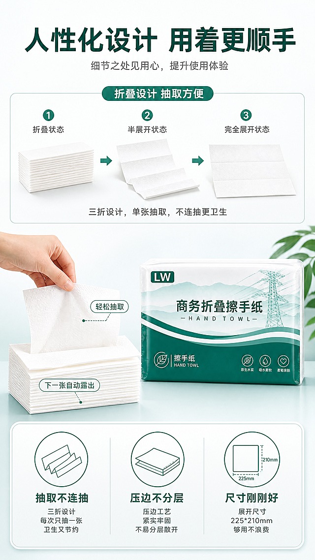 [详情页-7 人性化设计与细节] 目标：展示折叠设计、抽取便利等人性化细节，提升产品价值感。
[商品] 使用【图1】LW商务折叠擦手纸；保留包装外观与纸张折叠结构，展开后展示真实的折叠方式。
[画面] 操作步骤型+局部放大型结合。上半部分展示折叠擦手纸的展开过程：左侧是折叠状态的纸张，中间是半展开状态，右侧是完全展开状态，用箭头连接，展示三折折叠设计，抽取方便不连抽。下半部分左侧为抽取演示：手从叠放的擦手纸中轻松抽取一张，下一张自动露出准备位；右侧为三个细节图标横向排列：折叠设计图标+抽取不连抽、压边工艺图标+不易分层、尺寸适中图标+225*210mm够用不浪费。
[视觉] 套系策略：风格=洁净商务品质感商业摄影；标题字=现代无衬线粗黑体；正文字=简洁无衬线黑体；主色=深墨绿+青绿；背景延展=基于青绿做深浅渐变、同色系层次、纯净背景延展；强调色=青绿，仅用于小面积图标、引线、数据高亮和标签；标题色=深墨绿；正文色=中灰；组件=圆角细线图标、箭头、步骤编号；光影=柔和正面光，突出纸张折叠层次与细节。
[文字] 顶部大标题「人性化设计 用着更顺手」，折叠步骤标注「折叠设计 抽取方便」，底部三细节配文字：抽取不连抽、压边不分层、尺寸刚刚好，文字横排，说明清晰。
[规格] 比例9:16竖版，4K分辨率，避免变形、错字、文字过小、杂乱背景、水印、平台Logo、极限词、虚假宣传。