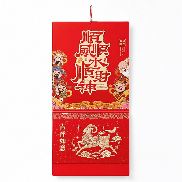 产品精修，产品置于纯白背景上，专业商业棚拍光，5500K标准中性白光，轮廓光，体积光，曝光正确，强烈真实立体感，接地处保留干净浅淡的自然接触阴影，严禁大片投影、脏灰阴影和悬浮感，主体居中，商品完整入画不裁切，商品外轮廓视觉体量约画面70%-85%，四周均匀留白约15%-30%，严禁满幅铺满与贴边顶满，极致超清画质，细节清晰锐利，商业级实拍质感，保留原图真实材质与结构细节，明显提升商品表面洁净度，清理灰尘、污渍、指纹、油污、胶痕和霉点，让表面从脏旧发闷变为干净可售卖状态，修复划痕、磨损、掉漆、飞边毛刺和使用旧痕，翻新为干净商业新品感，基于原图材质恢复纹理、颗粒、折射、高光、柔韧折痕、透明边线或工艺细节，避免糊成塑料感，清除底纹、广告条、贴片、角标、文字残留、非商品自带Logo、水印、平台标识和杂色背景，去除非售卖主体杂物、临时垫块、包装垫、支撑块、纸片或填充物，严禁误删商品结构，锁定原图商品颜色，颜色以输入图为唯一参考，分段部件颜色边界按原图锁定，还原真实物理色彩，消除灰暗感和偏色，锁定原图商品轮廓、件数、部件位置、连接关系、标签文字和可见功能细节，只做精修不重绘结构，挂历主体纸面：哑光纸质质感，柔和漫反射，低高光，烫金烫银文字图案：光面金属质感按原图锁定，高光边线清晰，反射干净但不过度镜面化，挂绳：布艺/纺织质感自然，织纹方向清晰，纤维层次真实，正视图，标准透视校正，正常透视焦段，保持同类机位，比例1:1