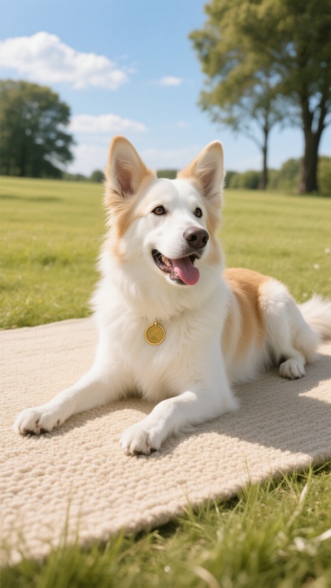 一只白色为主、带有浅棕色毛发的中型犬，耳朵竖立，眼睛明亮有神，嘴巴张开露出舌头，戴着金色圆形项圈，四肢伸展趴在浅色编织地毯上，姿态放松自然，毛发蓬松柔软有光泽。画面采用温暖明亮的自然光，光线柔和均匀，色彩以暖黄色调为主，整体呈现出现代简约的家居摄影风格，高清细腻的画质，真实自然的质感。背景改变为阳光明媚的郊外草地，嫩绿的青草茂密柔软，远处有几棵高大的树木，天空湛蓝飘着几朵白云，营造出轻松愉悦的……预览效果