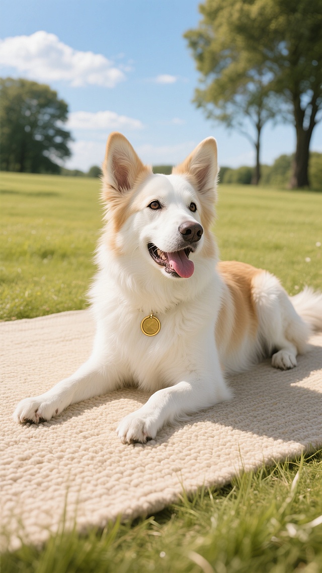 一只白色为主、带有浅棕色毛发的中型犬，耳朵竖立，眼睛明亮有神，嘴巴张开露出舌头，戴着金色圆形项圈，四肢伸展趴在浅色编织地毯上，姿态放松自然，毛发蓬松柔软有光泽。画面采用温暖明亮的自然光，光线柔和均匀，色彩以暖黄色调为主，整体呈现出现代简约的家居摄影风格，高清细腻的画质，真实自然的质感。背景改变为阳光明媚的郊外草地，嫩绿的青草茂密柔软，远处有几棵高大的树木，天空湛蓝飘着几朵白云，营造出轻松愉悦的户外氛围。