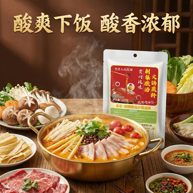这张图片是产品主体这款产品是美芡·贵州刺梨酸汤火锅底料 我需要设计10张主图在拼多多上面售卖 图片中产品不变 这一袋的克重主要是105g 主图场景布局火锅元素  多增加一些贵州火锅底料细节图 还有火锅预览效果