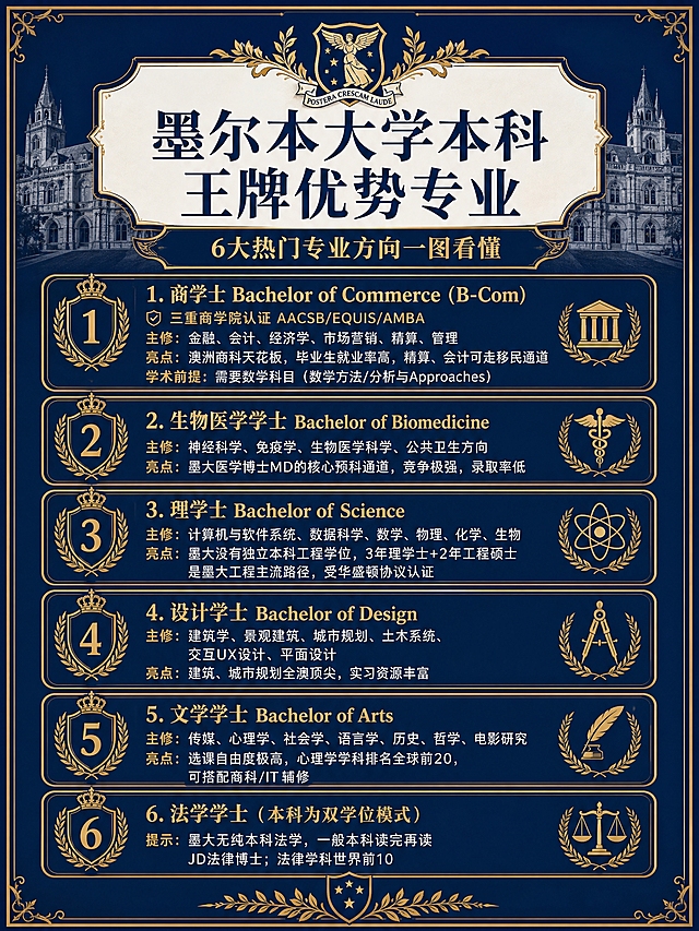 将这张墨尔本大学本科王牌优势专业信息图，重新设计为墨尔本大学校徽的配色和风格。主色调采用校徽深蓝色+金色+白色，古典学院庄重风格，校徽徽章元素装饰，金边纹章细节。保留原海报全部6大专业内容和信息结构，专业卡片用深蓝金色系设计，去除卡通贴纸风格替换为校徽徽章装饰元素。画面中必须完整呈现以下文字信息："墨尔本大学本科 王牌优势专业"、"6大热门专业方向一图看懂"、以及全部6个专业：1.商学士 Bachelor of Commerce (B-Com) 三重商学院认证AACSB/EQUIS/AMBA 2.生物医学学士 Bachelor of Biomedicine 3.理学士 Bachelor of Science 4.设计学士 Bachelor of Design 5.文学学士 Bachelor of Arts 6.法学学士(本科为双学位模式)。所有专业描述完整保留。所有数字精确渲染。版式精美，信息图风格。