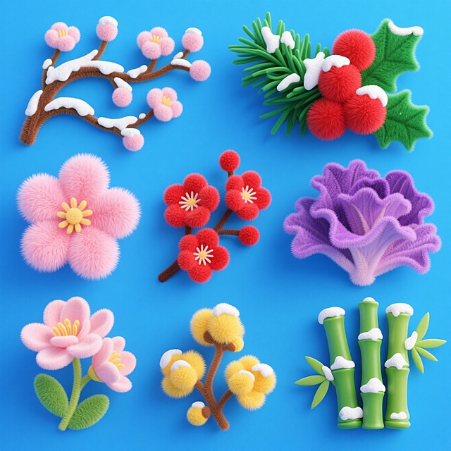 软3D毛绒质感植物元素，融合可爱与梦幻，清新色彩搭配体积感造型，呈现冬日温馨氛围。