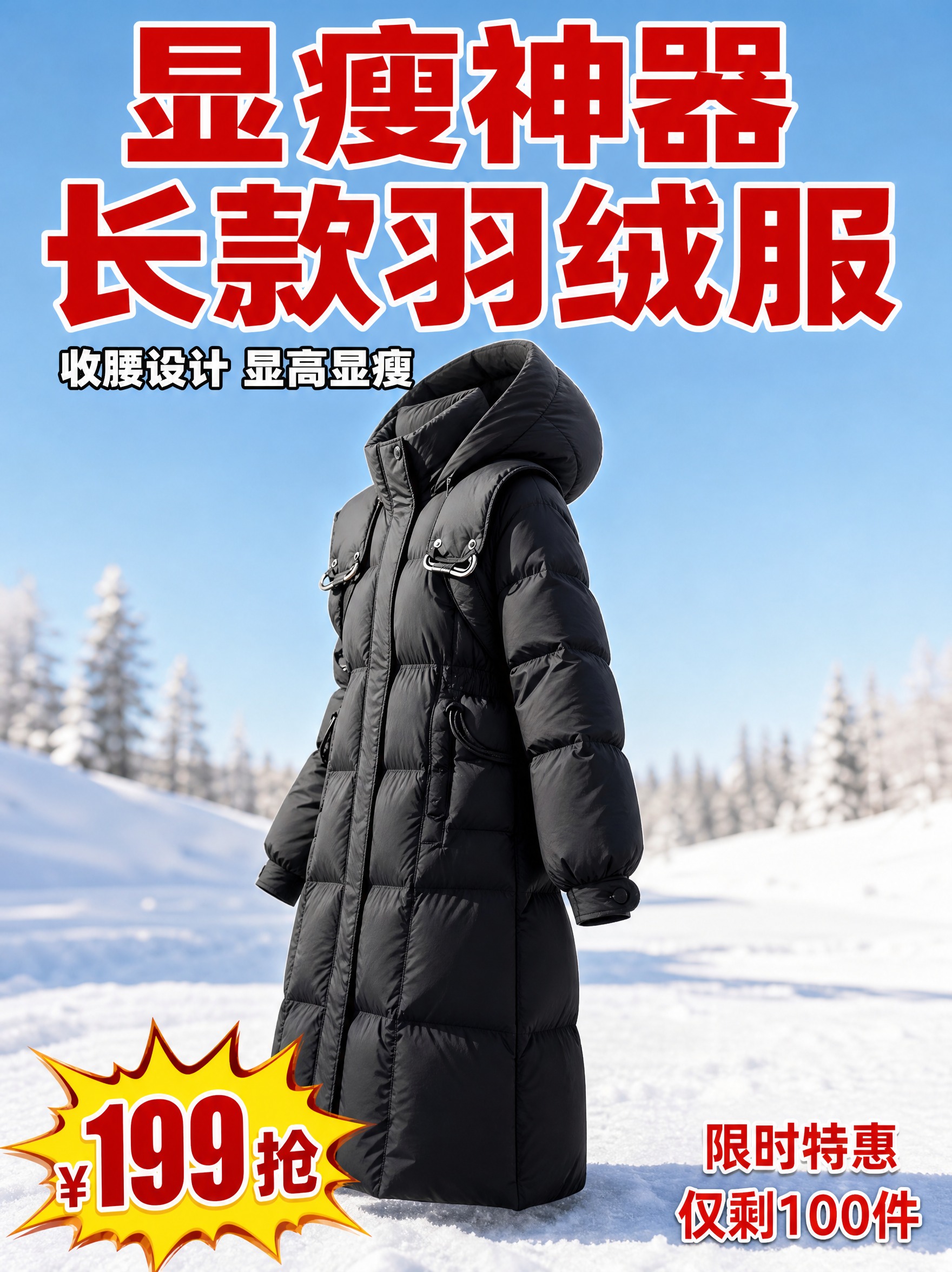 [主图-2] 拼多多黑色长款羽绒服3:4竖版主图，突出显瘦版型… - 图片创意预览
