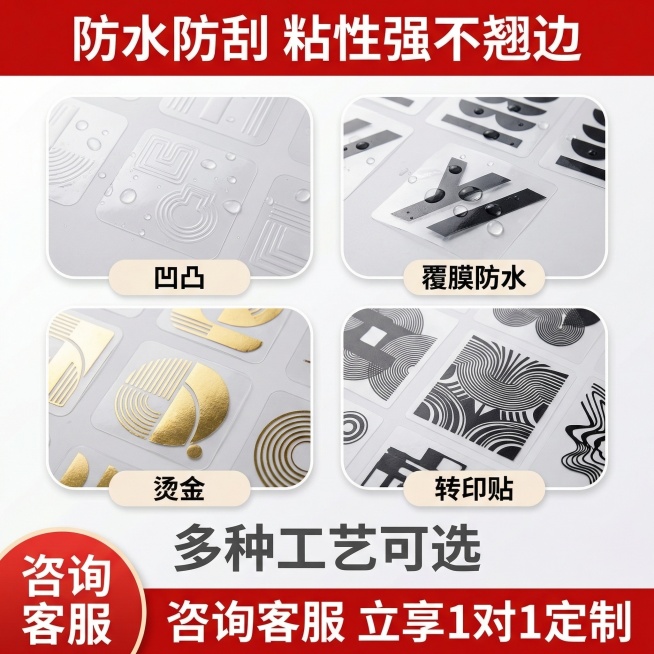 [主图主题] 防水防刮透明不干胶主图
[氛围/风格] 电商商业风，红色头部清晰排版风格
[画面元素] 沿用参考图四宫格展示不同工艺的版式，上方红色标题栏，下方分四个宫格展示不同工艺，分别是凹凸、覆膜防预览效果