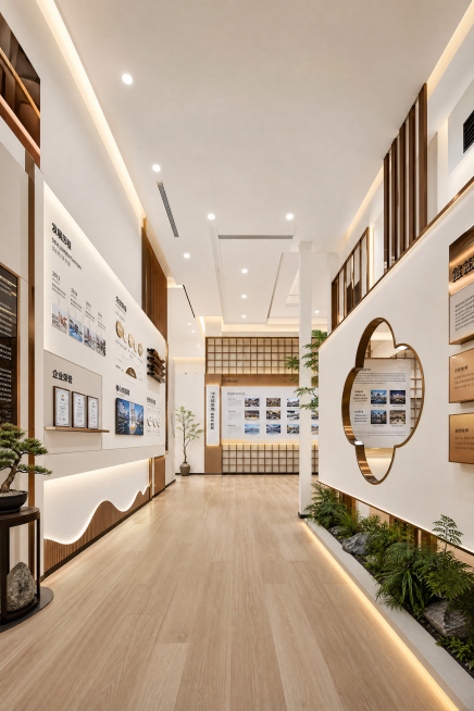 结合上传图片中的新中式格栅、梅花形镂空展示框、绿植造景、原木纹地板设计元素，打造一间广告公司产品展示厅，整体风格简约新中式，展示企业文化和产品案例，空间明亮通透预览效果