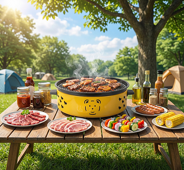 白天室外露营场景 露营桌子摆放烤炉 桌面上是烧烤食材 烤炉上面也是烤肉
