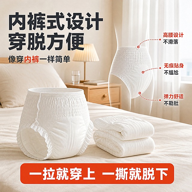 [主图-4] 成人内裤式纸尿裤（耐翻身 无痕贴身款）真实使用场景图，展示内裤式设计穿脱方便与无痕贴身效果，拼多多风格场景沉浸型。
[统一基调] 拼多多主图视觉：整体干净明亮，背景为真实居家卧室场景，主标题用粗黑大字，强调色为橙红色，辅助色为深灰蓝，字体为无衬线粗体，字号层级分明。
[画面] 画面为温馨整洁的居家卧室场景，光线柔和自然。床上整洁，旁边有木质床头柜，上面放着一杯水和一盏小台灯。产品（白色内裤式纸尿裤）放置在床上，旁边叠放着2-3片同款产品，展示日常存放状态。画面右侧有一个半透明的人体腰部轮廓示意图（非真实人物，仅轮廓示意），轮廓上用虚线标注"高腰贴合""无痕贴身""不勒肚子"三个部位，体现穿着贴合度。整体氛围温暖安心，像真实家庭环境。
[光影质感] 自然光从窗户方向射入，柔和温暖，产品在床上有自然的接触阴影，场景真实感强，产品与环境融合自然，无硬切边缘，无悬浮感。
[配色] 背景主色：暖米色+浅木色真实居家色调；标题字色：深灰蓝；强调色：橙红色；辅助字色：中灰色；产品保持纯白色。
[文字版式] 左上角大粗黑标题"内裤式设计 穿脱方便"，下方副标题"像穿内裤一样简单"。右侧腰部轮廓旁有3个标注文字："高腰设计 不滑落""无痕贴身 不尴尬""弹力舒适 不勒肚"。底部橙红色圆角条带内白字"一拉就穿上 一撕就脱下"。所有文字横排，清晰可读，不遮挡产品主体。
[输出要求] 比例1:1，2048x2048，文字清晰无错字，产品清晰不变形，场景真实自然，无水印，无平台Logo，无真实人物面部，无肢体畸形。
