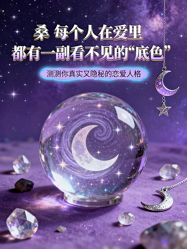 神秘恋爱人格测试海报，星空水晶球神秘紫色背景，主标题文字"🔮 每个人在爱里都有一副看不见的"底色""，副标题文字"测测你真实又隐秘的恋爱人格"，塔罗风格，梦幻氛围感，神秘主义，搭配水晶和星月元素