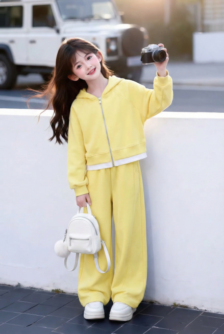 把图1的衣服和裤子给图的2的人物穿上，保留原场景光影，保持图2的人物的五官和发型不变，图片宽高尺寸不变，背景不变，鞋子不变，人物姿势不变，保持图1的衣服和裤子的款式材质不变和颜色不变预览效果