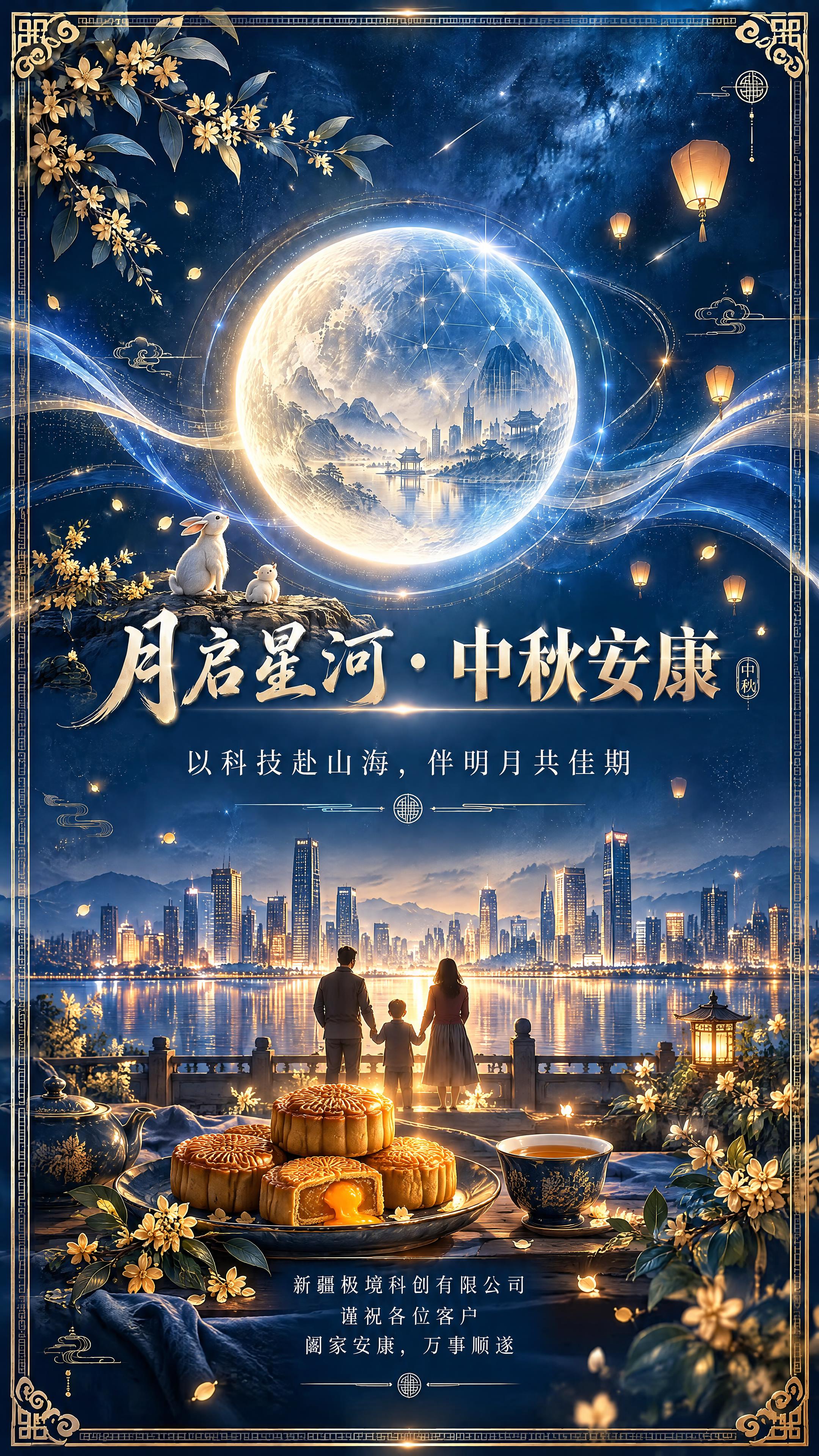 在这张中秋海报基础上做以下调整，保持精致边框、圆月、深空蓝鏀金… - 图片创意预览