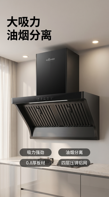 [主图 1] 油烟分离烟机首图，温馨舒适现代厨房场景
[氛围风格] 温馨舒适家居治愈风，简约现代
[画质] 商业摄影质感、光线柔和通透、产品清晰真实、画面干净高级
[元素] 黑色酷尊油烟分离烟机居中放预览效果