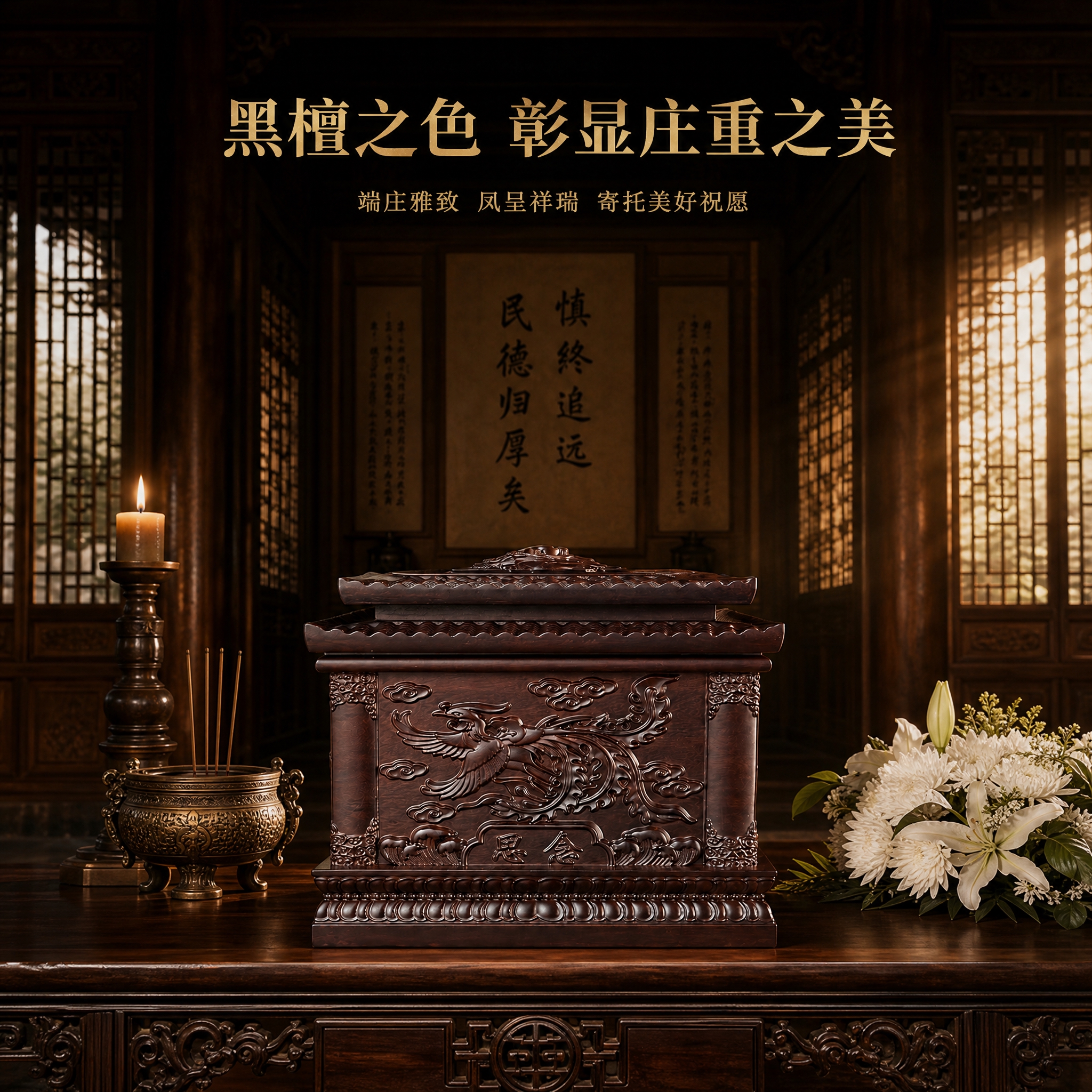 [凤款-方版3-场景展示] 福泽凤款黑檀木骨灰盒整体场景展示图… - 图片创意预览