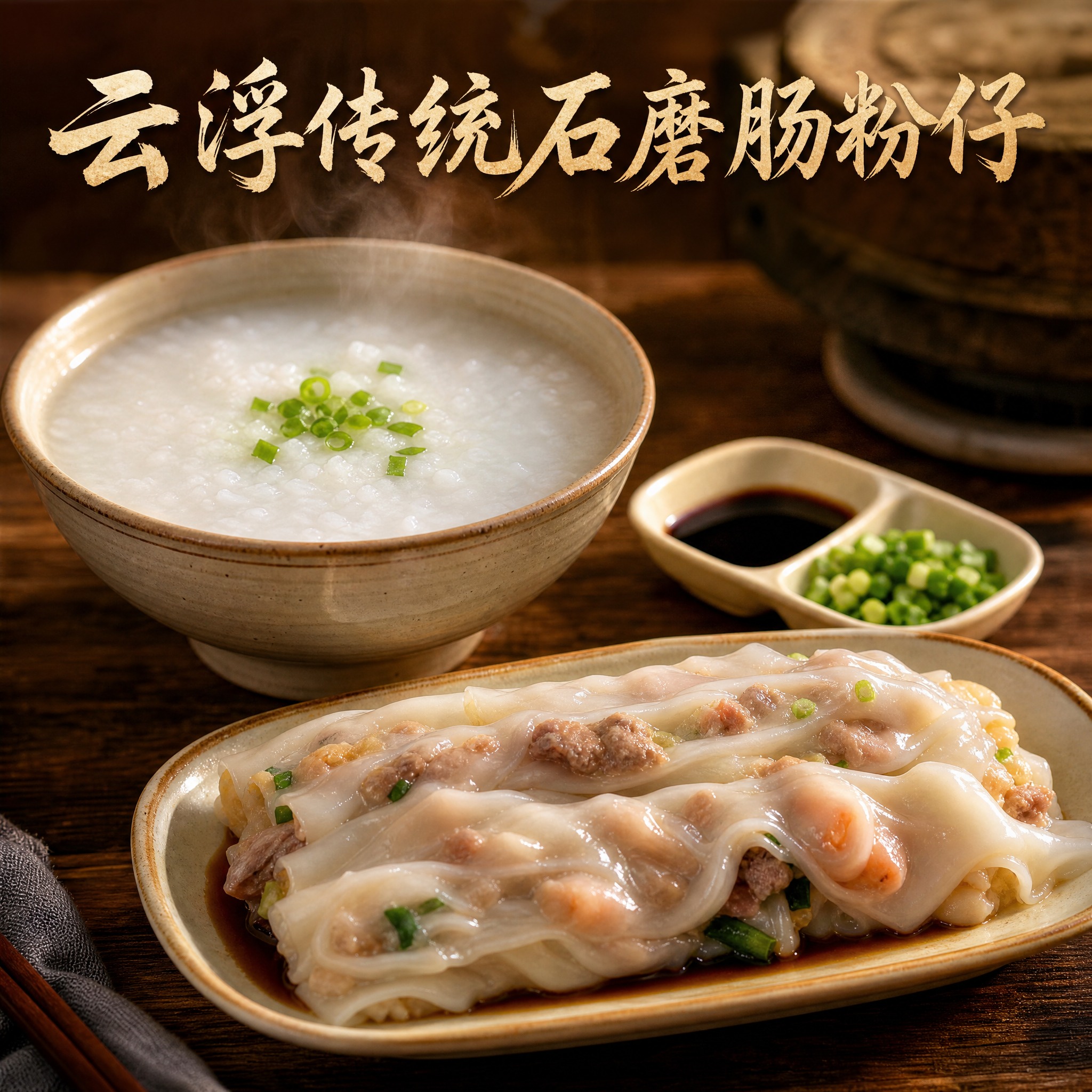 写真风格的美食头像，画面中央是一碗热气腾腾的石磨肠粉和一碗白粥… - 图片创意预览
