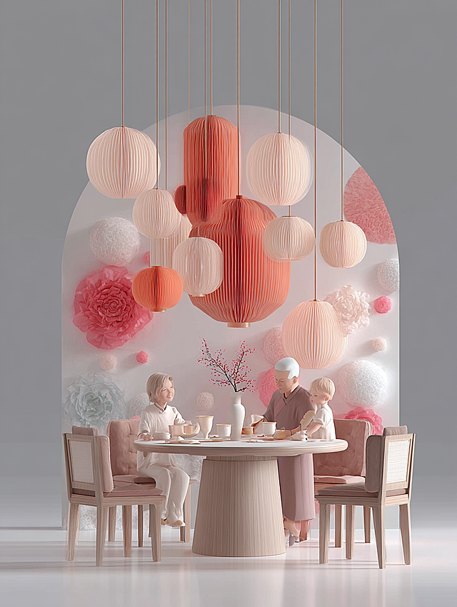 Minimalist modern fresh light luxury Nordic interior space, studio lighting, minimalist background, C4D rendering, 3D effect, rose gold elements, Chinese Lantern Festival reunion atmosphere, Chinese paper-cut art installations, round dining table with 6 small bowls of glutinous rice balls, a family of six including grandparents, parents, son and daughter sitting around the table, high-end texture, bright and open composition, symmetrical layout, vibrant colors, high contrast, strong three-dimensionality, modern aesthetics, warm festive atmosphere