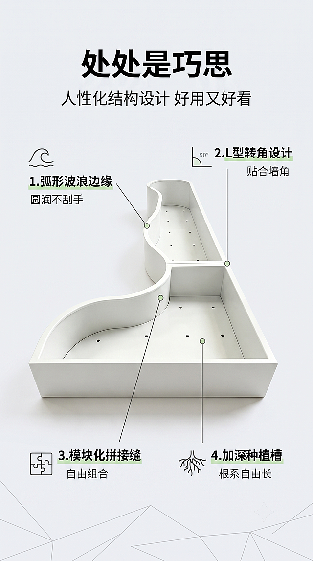 [第3张] 详情页结构解析-弧形波浪边缘+模块化拼接设计。本张使用【图1】作为商品主体。
[氛围/风格] 简约科技结构风，浅灰渐变背景，工业设计质感，清晰专业。
[元素布局] 花箱置于画面中央偏上，占比约55%；用细线引线标注4个核心结构点：1.弧形波浪边缘（指向波浪形侧边）2.L型转角设计（指向90°转角处）3.模块化拼接缝（指向中间拼接处）4.加深种植槽（指向内部空间）；每个引线端点配小图标和短说明；背景为浅灰色渐变，底部有几何线条装饰；产品结构、比例、白色哑光材质与输入产品图一致。
[光影质感] 顶部均匀柔光，底部柔和投影，突出花箱立体结构和边缘弧度。
[配色色系] 全局底色 #F0F2F5 浅灰渐变；主色白色花箱；辅助色深灰引线+浅绿图标点缀。
[视角构图] 45°斜侧俯视，产品居中，阅读动线顶部标题 → 中心产品 → 四周引线标注。
[文字版式] 版式为顶部标题 + 中心产品 + 四周引线标注。顶部主标题「处处是巧思」，副标题「人性化结构设计 好用又好看」；4处引线标注分别为「弧形波浪边 圆润不刮手」「L型转角 贴合墙角」「模块化拼接 自由组合」「加深槽体 根系自由长」；字体为清晰无衬线黑体。
[比例分辨率] 9:16 竖版比例，4K分辨率，文字清晰可辨，高清画质。
[负向提示词] 产品变形，缺件错件，结构错误，颜色偏差，水印，文字错乱，产品图模糊，文字过小。