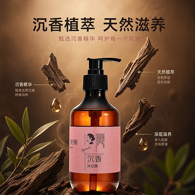 [主图-3] 沉香成分 天然植萃滋养。
[统一基调] 整体风格为东方禅意高级质感，背景主色为暖棕渐变搭配柔雾感，标题字色为深棕色，辅助字色为豆沙粉，强调色为暖金色，字体为干净非衬线体，字号层级分明，卡片和图标采用极简细线风格。
[画面] 产品瓶身位于画面下方居中，约占画面35%。瓶身上方和周围悬浮着沉香木片、少量精油水滴和植物叶片元素。沉香木片有大小不同的几片，错落分布，呈现天然的木纹质感。几滴琥珀色的精油水滴悬浮在空中，有通透的光泽。背景为深棕色到浅棕色的渐变，带有淡淡的烟雾缭绕效果。
[光影质感] 高级商业摄影质感，侧逆光照射，沉香木片纹理清晰可见，精油水滴晶莹剔透有折射效果，瓶身玻璃呈现温润的琥珀色光泽，整体氛围神秘而高级，突出天然植萃的珍贵感。
[配色] 背景深棕到浅棕渐变，沉香木深褐色，精油水滴琥珀色，标题深棕色，辅助文字豆沙粉色，点缀暖金色光晕。
[文字版式] 画面上方主标题"沉香植萃 天然滋养"，大号深棕色非衬线粗体字；主标题下方副标题"甄选沉香精华 呵护每一寸肌肤"，豆沙粉色小号字体；沉香木片和水滴旁边用细线标注"沉香精华""天然植萃""深层滋养"等小字说明。文字布局在负空间，不遮挡产品主体。
[输出要求] 1080*1080像素正方形，文字清晰可读，产品清晰完整，成分元素真实自然。禁止变形、错字、模糊、杂乱、水印、平台Logo。