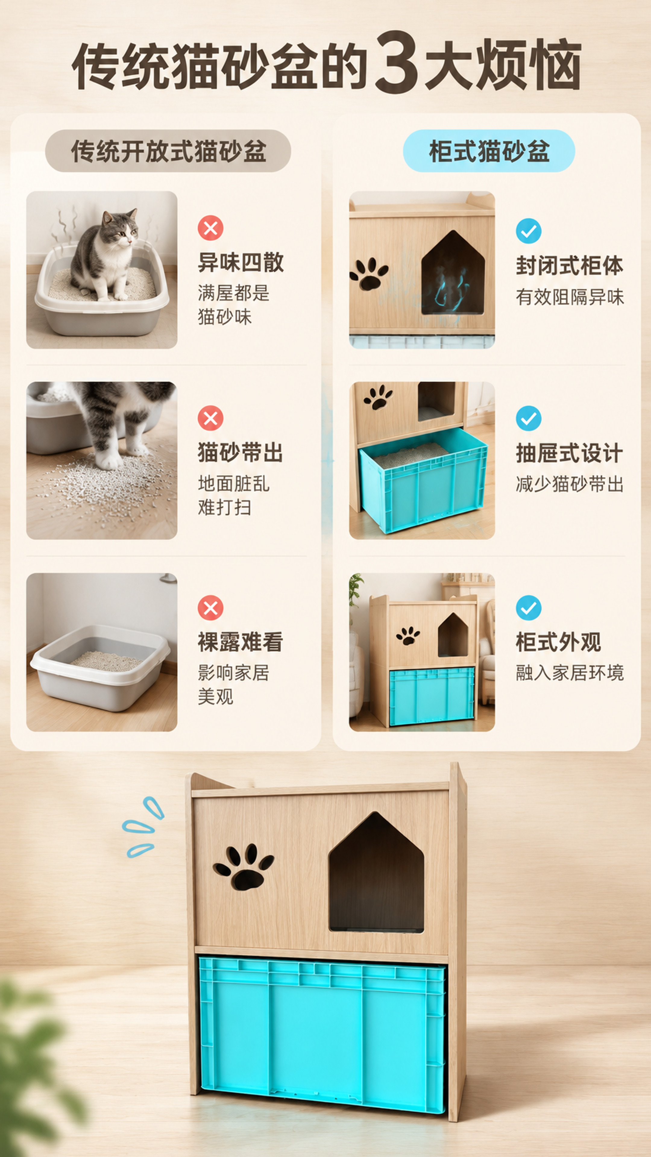 [商品] 使用【图1】浅原木色猫砂柜；保留整体结构、颜色和造型… - 图片创意预览