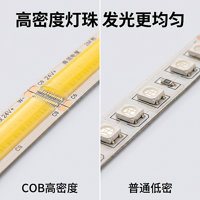 [主图-4] COB灯带结构细节对比展示图
[氛围风格] 专业品质对比，突出工艺优势
[画质] 商业摄影质感、光线柔和通透、产品清晰真实、画面干净高级。
[元素] 左右分屏对比展示，左侧是本产品COB灯带横截面特写，展示高密度灯珠结构，右侧是普通灯带横截面，对比展示本产品灯珠更密发光更均匀。保持本产品COB灯带结构、材质与输入产品图绝对一致，杜绝任何变形和色差。两个区域对称分布，整体干净简洁。
[光影] 均匀打光，结构细节清晰，明暗对比突出差异。
[配色] 浅灰色背景，产品保持原有颜色，对比清晰。
[视角构图] 对称平视构图，两个区域细节都清晰对焦。
[文字版式] 顶部大标题 "高密度灯珠 发光更均匀"，黑色粗体居中；左右区域下方分别标注 "COB高密度" "普通低密"，文字对应产品，清晰说明。
[比例分辨率] 1:1比例，2K分辨率；文字清晰锐利，画面超高清。
[负向提示词] 变形，水印，文字错乱，产品图模糊，背景杂乱，对比不对称