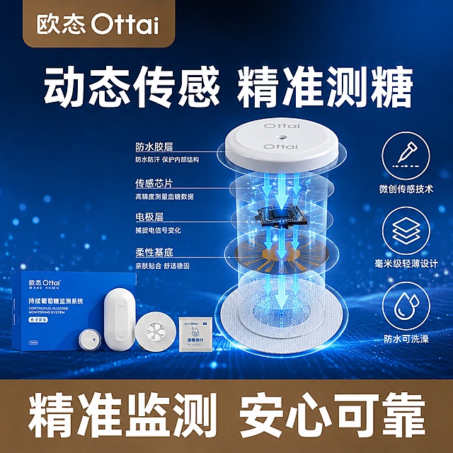 拼多多电商主图轮播图第三张 技术结构工作原理 1:1比例 与首图同风格同配色。左上角棕色圆角品牌框白色字"欧态 Ottai"。上方大标题白色粗体大字"动态传感 精准测糖"。画面中央展示欧态传感器探头的半透明剖面结构示意图 标注内部传感芯片 电极 柔性基底 防水胶层等结构 用蓝色光线箭头示意葡萄糖检测工作路径。左侧配产品全家福 蓝色包装盒 白色发射器 传感器探头 外观与首图产品绝对一致。右侧三个白色圆形图标配文字 从上到下"微创传感技术""毫米级轻薄设计""防水可洗澡"。背景是深蓝色科技感渐变 带微弱光点粒子效果。底部棕色通栏白色大字"精准监测 安心可靠"。文字清晰锐利 不遮挡主体 商业科技感 超高清。