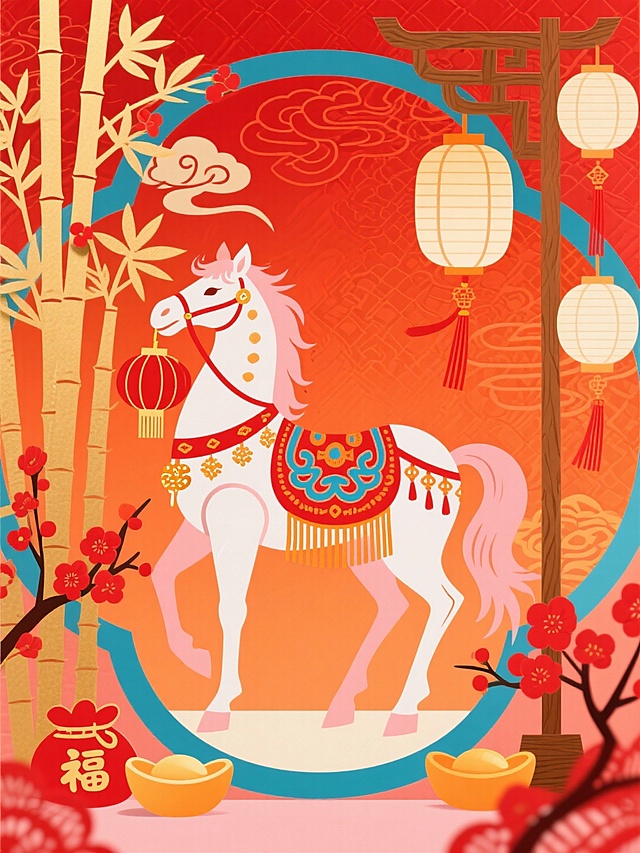 主体是骏马（装饰红蓝如意纹、橙金流苏配饰，点缀金箔质感），侧身站立，嘴吊着红灯笼，神态活泼灵动；周围有金竹、红梅、元宝、福袋等吉祥扁平元素；场景为纯扁平剪纸灯架（木质灯杆、红绸挂饰、对称圆灯笼）；背景为橙红渐变扁平纹理（带祥云暗纹），配色浓烈鲜艳（粉橙、橘红、米白、宝蓝），红色系画面；纯扁平剪纸风格，无层次无阴影，线条明快利落，喜庆华贵，凸显闹春喜乐的新年氛围。