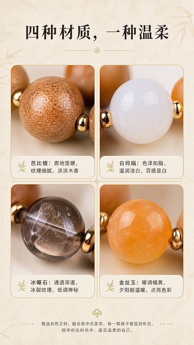 [商品] 使用【图1】新中式芭比檀双圈手串；分别提取四种珠子（芭比檀棕木珠/白玛瑙白珠/冰曜石深透珠/金丝玉橘黄珠）做微距特写；保留每种珠子的真实颜色、纹理、光泽和圆润形态；增强材质质感：木珠纹理细腻、玛瑙温润脂感、曜石冰裂纹理、玉石暖橘通透。
[画面] 目标：材质拆解页，四格拼图展示四种珠子微距。构图：2×2四宫格布局，每格展示一种珠子微距特写，珠子占每格70%；四格之间用细金线分隔；画面顶部和底部留白放标题与说明文字；背景统一为米白宣纸浅纹理。
[视觉] 套系策略：风格=新中式禅意商业摄影风；标题字=宋体衬线粗体；正文字=简洁无衬线体；主色=米白杏色；背景延展=基于米白杏做深浅层级、宣纸纹理、同色系渐变；强调色=暖金色，仅用于小面积图标、引线、分隔线；标题色=深棕褐；正文色=暖灰棕；组件=细线分隔、圆角浅底信息卡、竹叶小图标；光影=左前侧暖柔光，柔和阴影。
[文字] 顶部居中标题「四种材质，一种温柔」；每格下方对应标注：左上「芭比檀：质地坚硬，纹理细腻，淡淡木香」、右上「白玛瑙：色泽如脂，温润洁白，百搭显白」、左下「冰曜石：通透深邃，冰裂纹理，低调神秘」、右下「金丝玉：暖调橘黄，夕阳般温暖，点亮色彩」；全部横向排版。
[规格] 图片比例9:16竖版，4K分辨率，淘宝/天猫详情页适配；避免变形、错字、文字过小、冷蓝背景、珠子颜色失真、绝对化用语。