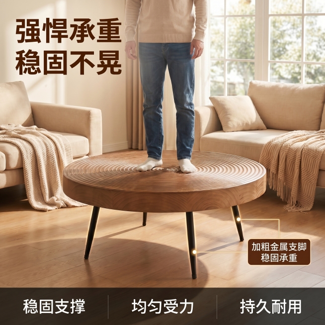 [主图 2] 实木小茶几承重力展示。[氛围风格] 温馨舒适家居治愈风，真实场景体验感。[画质] 商业摄影质感，光线柔和通透，产品清晰真实，画面干净高级。[元素] 实拍展示一个成年男士站立在圆形实木小茶预览效果