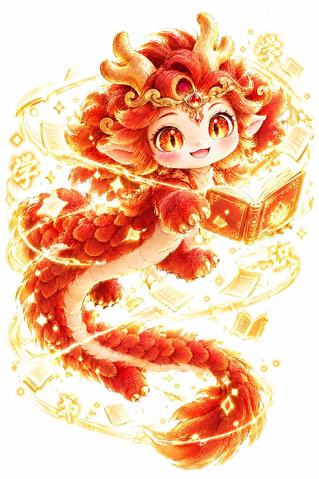 在这只飞翔的烛阴神兽额头加上同款华丽金色额饰：中间镶嵌一颗红宝石，两侧有卷草纹金色装饰延伸到头发里，和之前的额头配饰一模一样。保留原有的飞翔姿态、书本光环、学识书文字和所有其他元素不变，整体风格统一。