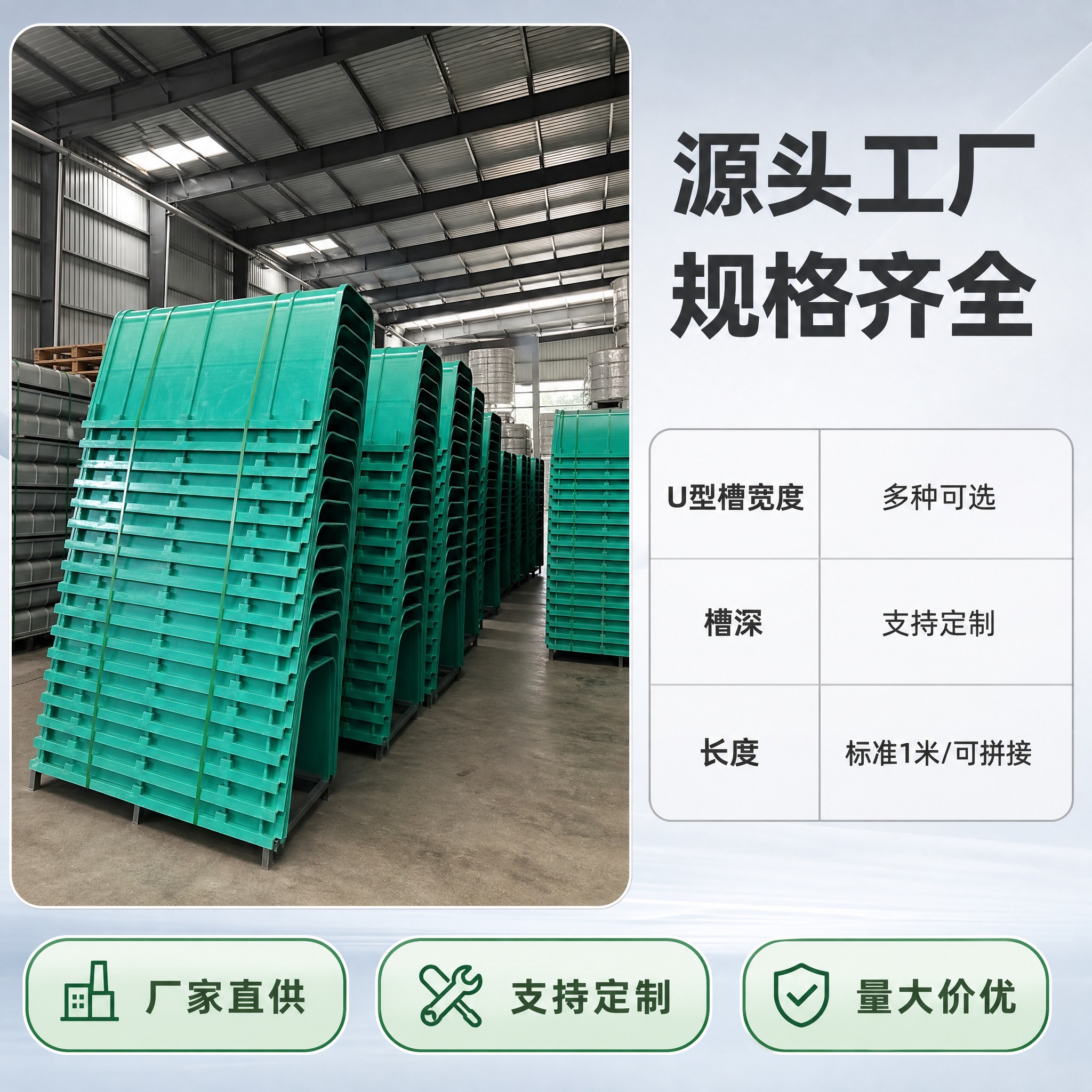 [主图-5] 玻璃钢U型排水沟工厂实力与规格展示图，体现源头工… - 图片创意预览