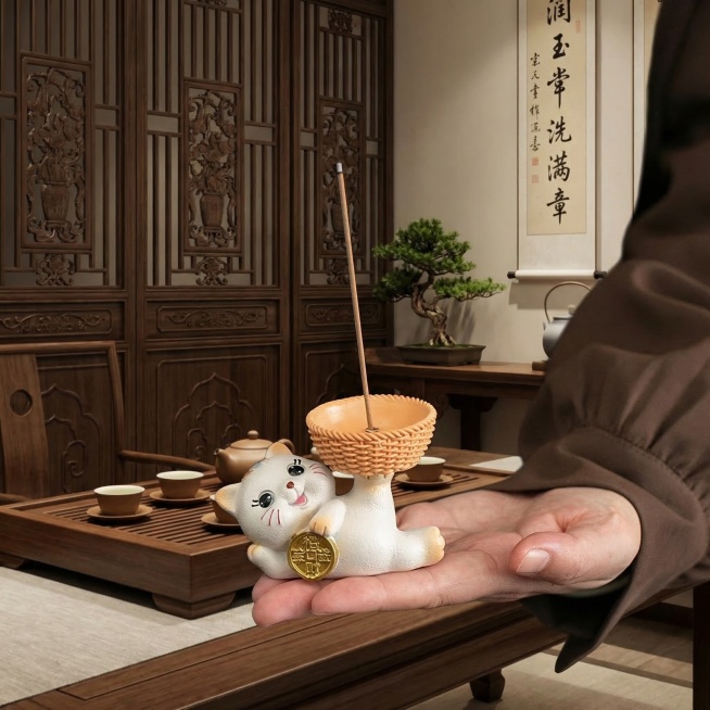 保留前景的猫咪线香插和手掌，将背景更换为新中式茶室场景，深棕色原木茶室背景，静谧雅致氛围，保留产品细节预览效果