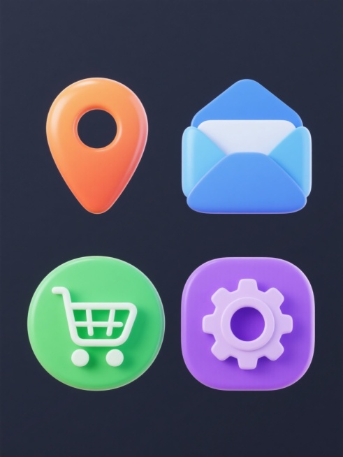 四个具有统一设计风格的图标组成的系列素材集合，每个图标均为简约圆润的3D立体造型，表面光滑有细腻的渐变高光和阴影效果，采用纯色背景，元素类目保持一致但具体内容完全不同：第一个是橙色定位标记图标，第二个是蓝色信封图标，第三个是绿色购物车图标，第四个是紫色设置齿轮图标，四个图标呈2x2网格状规整排布，整体色彩明快，现代感强，设计简洁而富有质感。预览效果