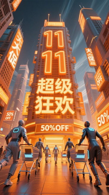 橙黄色调+赛博朋克风格：一栋巨大“11 11”发光机械大字的摩天大楼顶，装饰霓虹文字广告牌“超级狂欢”作为主体，一群未来人推着科技感的购物车奔向主体，周围高耸摩天楼布满密集有 “大促”“50%OFF”预览效果