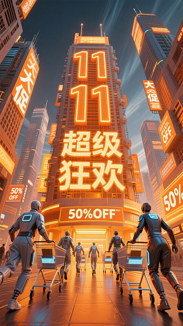 赛博朋克风3D城市夜景，霓虹灯与金属质感交织，机器人推着购物车奔向“11.11超级狂欢”巨幅广告，科技感十足的促销氛围。