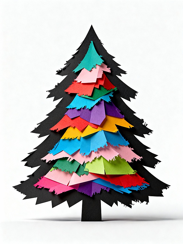 撕纸风圣诞树，多彩拼贴层叠，剪纸质感融合波普艺术，喜庆感十足，节日氛围浓厚。