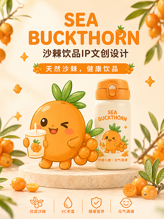沙棘饮品IP宣传海报，统一使用沙棘小橙水果IP形象，居中展示IP搭配沙棘饮品产品，暖橙色清新自然风格，添加宣传广告语"天然沙棘，健康饮品"，保持和参考图一致的可爱风格