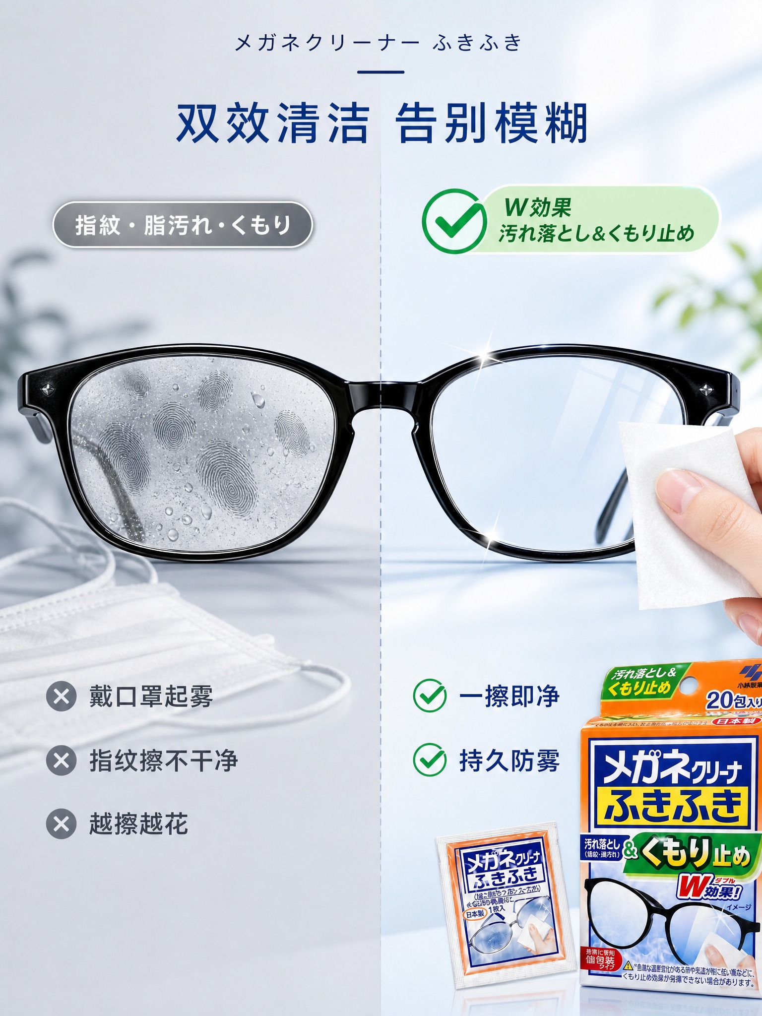 3:4竖版电商主图，日本小林制药眼镜清洁湿巾，主图2 痛点解决… - 图片创意预览