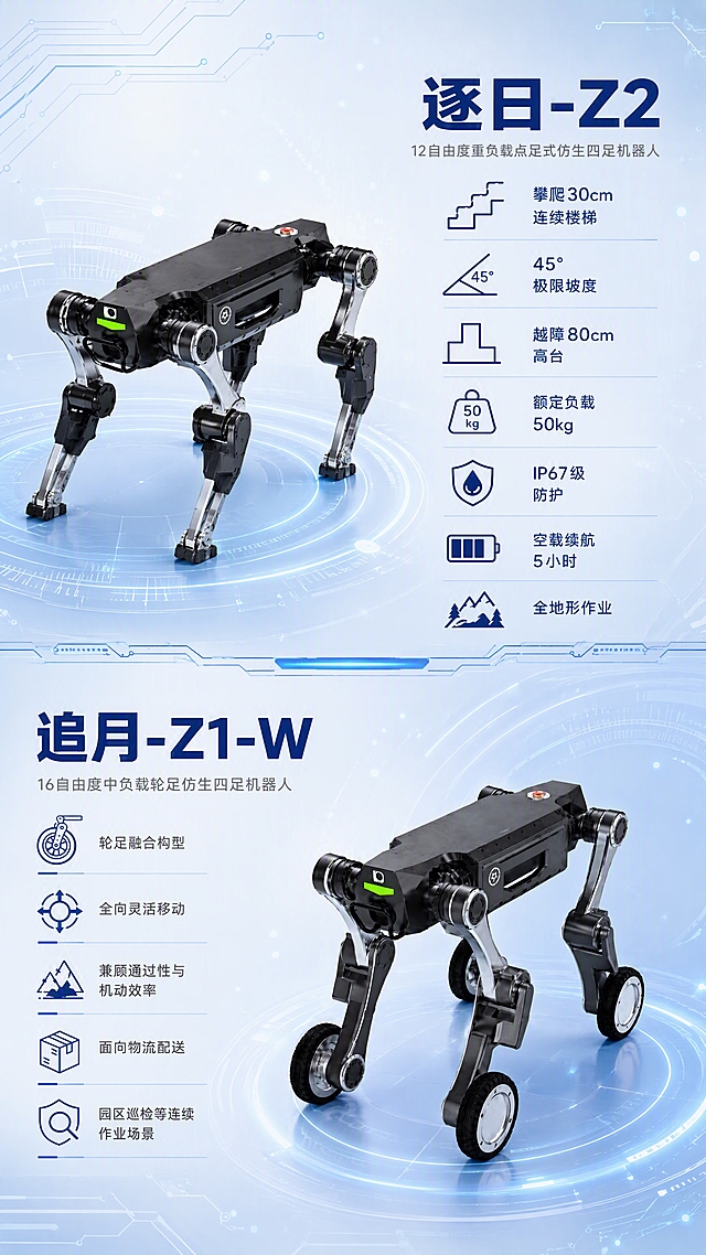 双产品参数对比长图，上下两列布局，蓝白科技风格，整体富有设计美感。上半部分为逐日-Z2，下半部分为追月-Z1-W，中间用一条精致的蓝色科技装饰线分隔。上半部分：左侧为逐日-Z2点足式仿生四足机器人（黑色机身+银色机械腿+点足结构，头部绿色指示灯），产品朝右，占比约45%；右侧为参数区，顶部大标题「逐日-Z2」深蓝色粗体，副标题「12自由度重负载点足式仿生四足机器人」灰色小字，下方7项参数配蓝色线条图标：攀爬30cm连续楼梯、45°极限坡度、越障80cm高台、额定负载50kg、IP67级防护、空载续航5小时、全地形作业。下半部分：右侧为追月-Z1-W轮足仿生四足机器人（黑色机身+银色机械腿+轮足融合结构，足部带轮子），产品朝左，占比约45%；左侧为参数区，顶部大标题「追月-Z1-W」深蓝色粗体，副标题「16自由度中负载轮足仿生四足机器人」灰色小字，下方5项参数配蓝色线条图标：轮足融合构型、全向灵活移动、兼顾通过性与机动效率、面向物流配送、园区巡检等连续作业场景。背景为统一的浅蓝色渐变科技背景，点缀淡蓝色电路纹理和光点，上下呼应。两款机器人大小比例协调，左右对称布局形成美感。整体画面精致专业，信息清晰，蓝白主色调，科技感强。