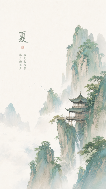 水彩上色，夏天山水，古风悬空阁楼，奇峰峭壁，树木，国风四季系列之夏，纯色留白背景，无多余杂物，竖版预览效果