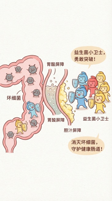 益生菌作用示意图（简笔画）：画风可爱治愈，左侧画肠道轮廓，内部有“坏细菌”（灰色小怪兽形象），右侧画“益生菌小卫士”（彩色小人带盾牌），中间标注胃酸、胆汁屏障，展示益生菌突破屏障到达肠道、打败坏细菌的预览效果