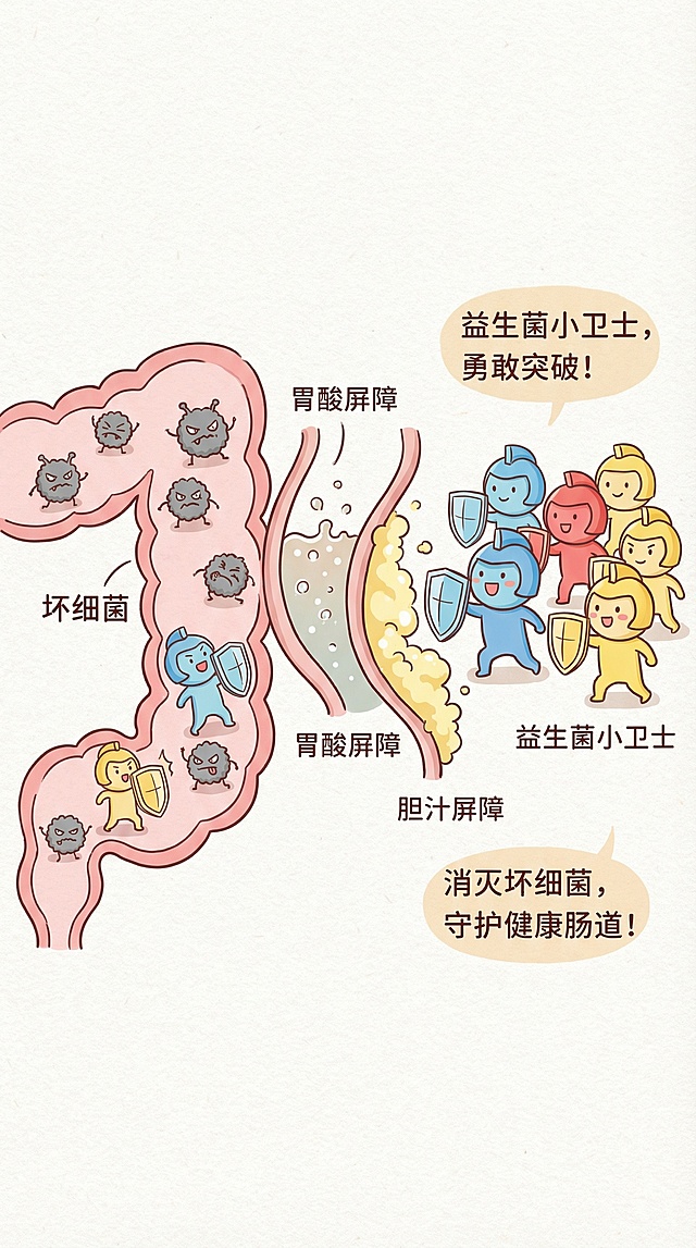 益生菌作用示意图（简笔画）：画风可爱治愈，左侧画肠道轮廓，内部有“坏细菌”（灰色小怪兽形象），右侧画“益生菌小卫士”（彩色小人带盾牌），中间标注胃酸、胆汁屏障，展示益生菌突破屏障到达肠道、打败坏细菌的过程，背景浅色系，线条简洁。