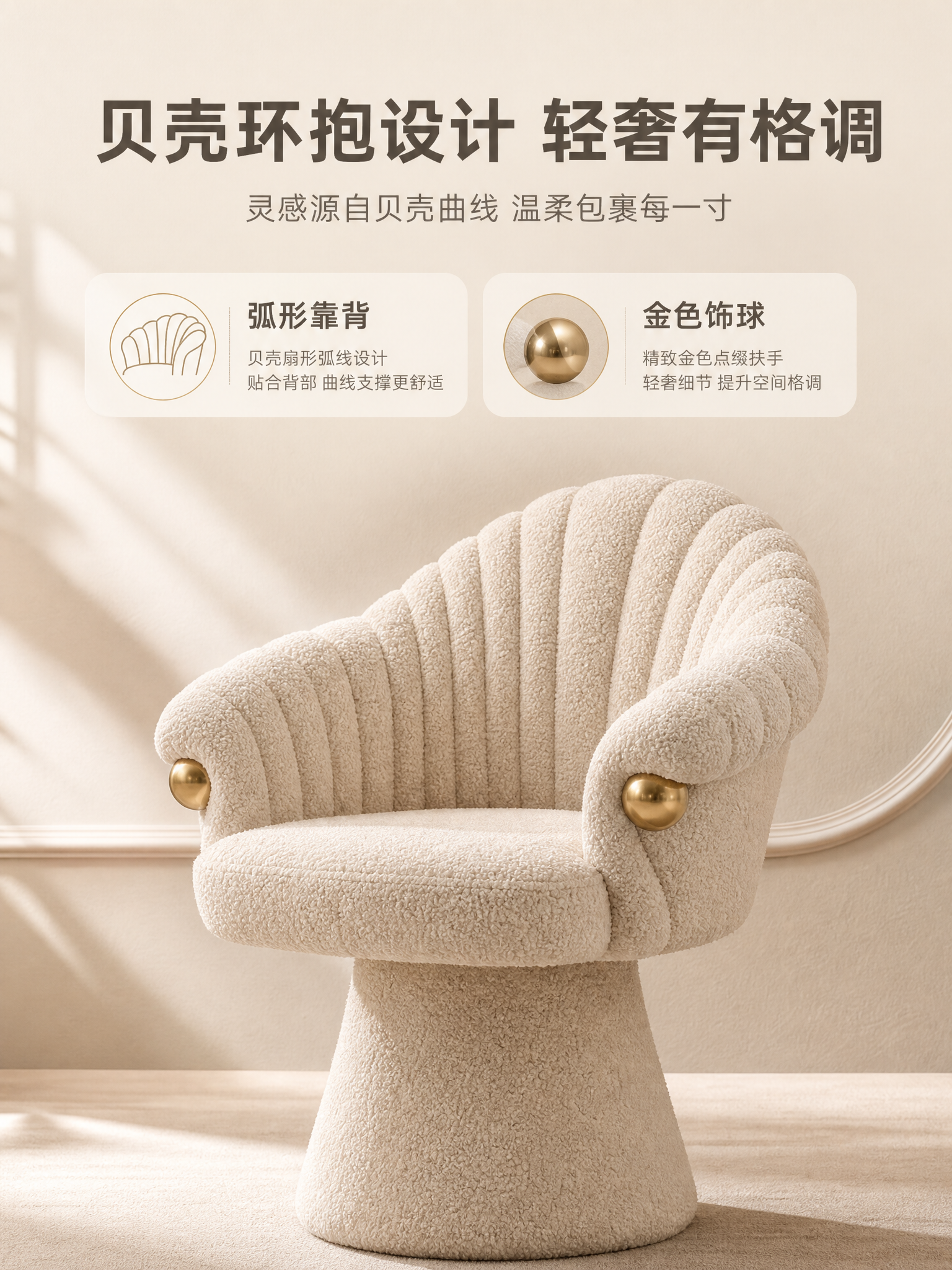 [商品] 使用【图1】米白羊羔绒单人梳妆椅；保留贝壳形靠背弧度… - 图片创意预览