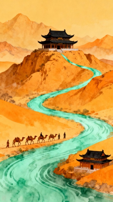 中国传统风格插画，以橙黄色为主色调，搭配青绿色河流，描绘古代丝绸之路景象。远处群山连绵，采用淡彩晕染技法，线条柔和流畅。中央是一座巍峨的中式宫殿，坐落于土黄色山峦之巅，屋顶为黑色，飞檐翘角，细节精致。一条蜿蜒的青绿色河流如同丝带般从山间流淌而下，河岸边有一队商队正牵着骆驼前行，人物和骆驼造型简约而富有动感。近处河岸边还有一座小型宫殿建筑，与主宫殿遥相呼应。整体画面构图层次分明，色彩和谐，充满古……预览效果