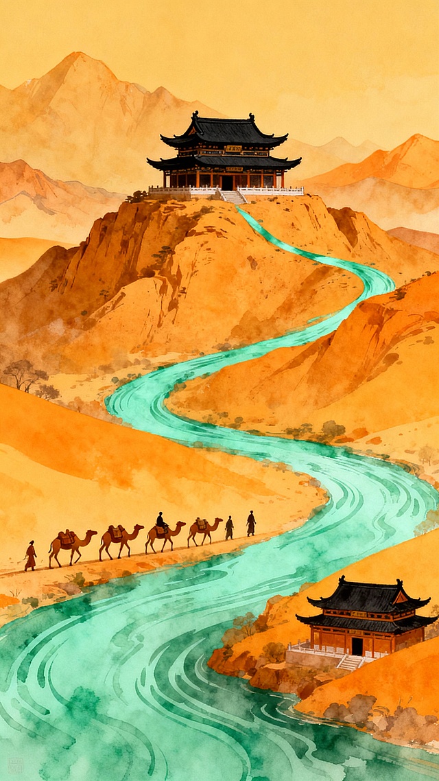 中国传统风格插画，以橙黄色为主色调，搭配青绿色河流，描绘古代丝绸之路景象。远处群山连绵，采用淡彩晕染技法，线条柔和流畅。中央是一座巍峨的中式宫殿，坐落于土黄色山峦之巅，屋顶为黑色，飞檐翘角，细节精致。一条蜿蜒的青绿色河流如同丝带般从山间流淌而下，河岸边有一队商队正牵着骆驼前行，人物和骆驼造型简约而富有动感。近处河岸边还有一座小型宫殿建筑，与主宫殿遥相呼应。整体画面构图层次分明，色彩和谐，充满古朴典雅的东方韵味，营造出宁静悠远的历史氛围。