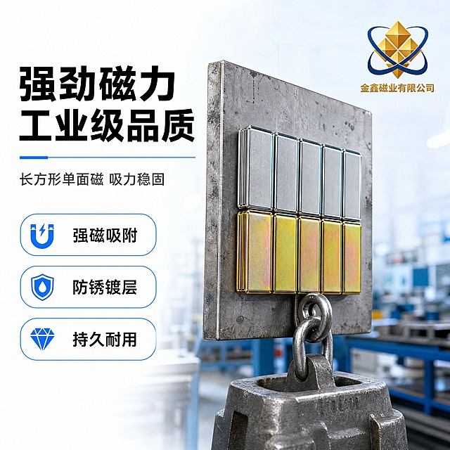 [商品] 使用【图5】【图6】手持长方形单面磁产品图；保留银色镀锌款与彩锌镀彩款的金属质感、长方体形状、磁吸面；保留手持展示的真实比例，增强金属表面光泽。
[画面] 主图2-使用场景型；目标突出工业使用场景与强劲磁力；画面中心展示磁铁吸附在厚重金属钢板/工业模具上的真实使用场景，磁铁悬挂吸附重物或固定工件，占画面65%；背景为工业车间/工作台淡蓝色虚化；左侧放文案区；右上角放金鑫磁业Logo。
[视觉] 套系策略：风格=工业风简洁商务电商主图；标题字=粗黑无衬线黑体；正文字=常规无衬线黑体；主色=纯白底；背景延展=白底+工业场景淡蓝色渐变虚化；强调色=科技蓝（#1E6FFF），仅用于小面积图标、引线、标签和装饰线条；标题色=纯黑；正文色=深灰；组件=蓝色细线分割、圆角信息标签；光影=侧前柔光突出金属质感，磁吸接触点有高光强调。
[文字] 左侧上方主标题"强劲磁力 工业级品质"，副标题"长方形单面磁 吸力稳固"，下方3个卖点标签："强磁吸附""防锈镀层""持久耐用"；右上角放金鑫磁业Logo；文字不遮挡产品磁吸展示主体。
[规格] 图片比例1:1正方形（800x800px），4K超清，负向提示：避免变形、错字、文字模糊、产品颜色改变、卡通风格、磁力效果夸张失真。