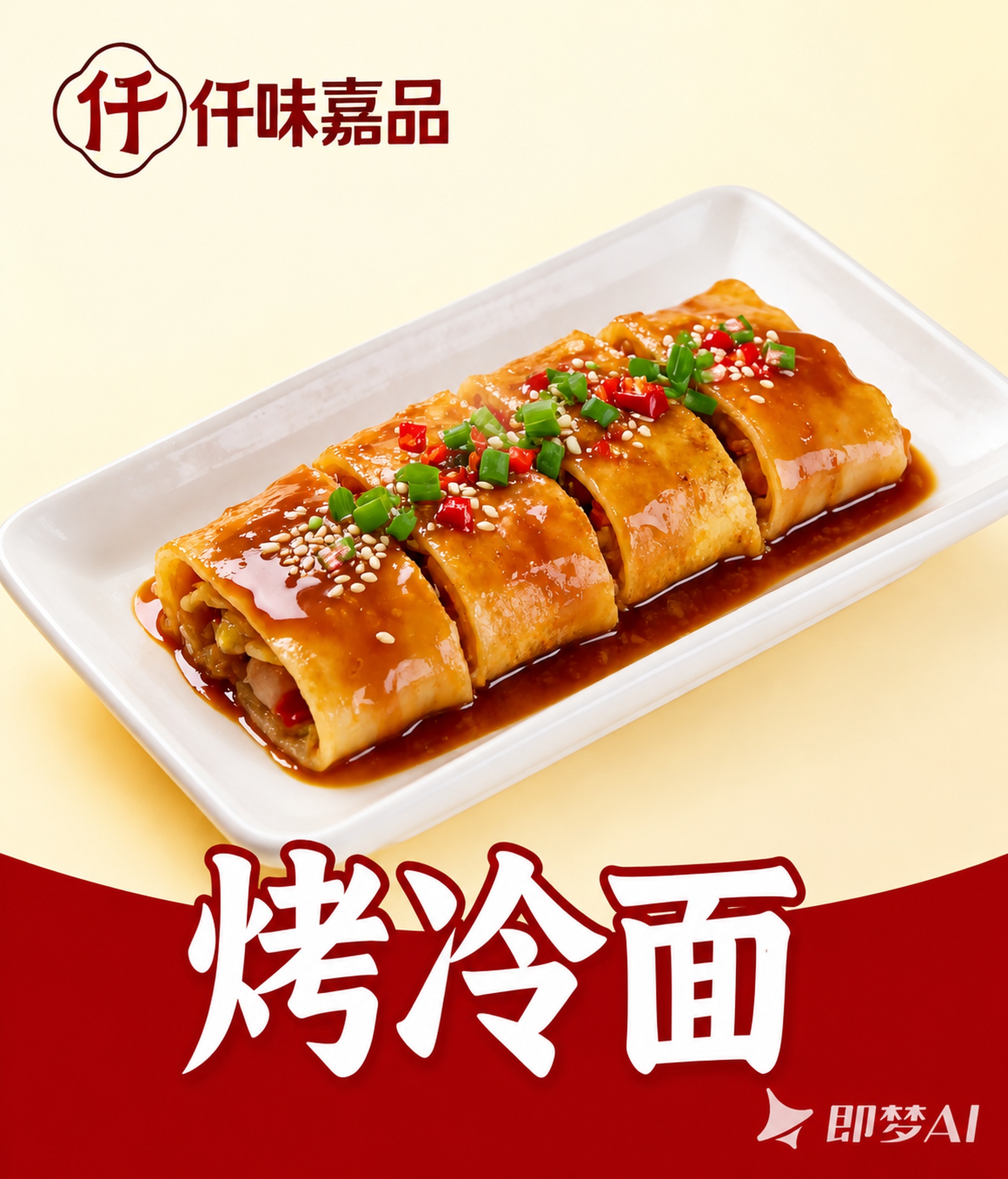 精确复刻参考图的烤冷面美食海报，版式、配色、文字、食物呈现与参… - 图片创意预览