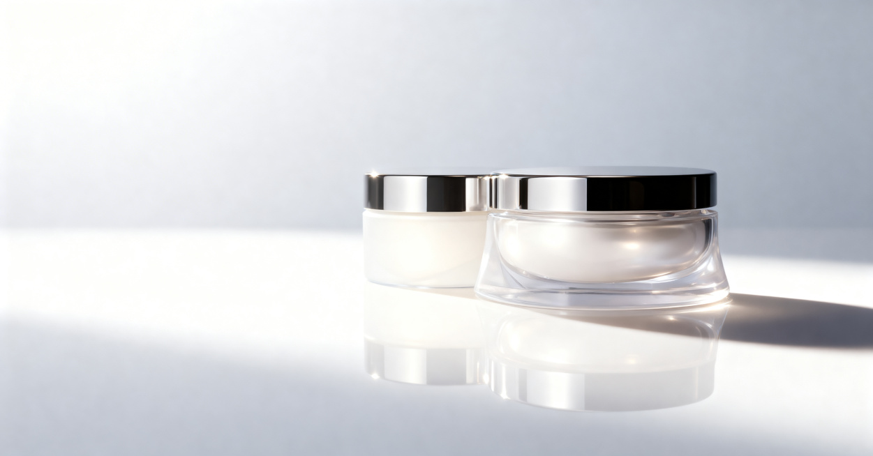 将原图中的所有产品删除，替换为第二张图中的两瓶可丽金护肤品，保持原产品上的Logo和文字内容不变，保持产品主体物理结构不变。只保留原图的浅灰渐变背景，删除原图上所有文字。遵循光影一致性：原图光源来自左预览效果